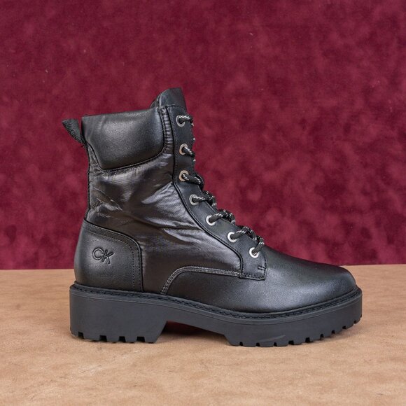 Calvin Klein Women Sallon Black Faux Leather Combat zip Ankle Boots sz 8 - Picture 4 of 9